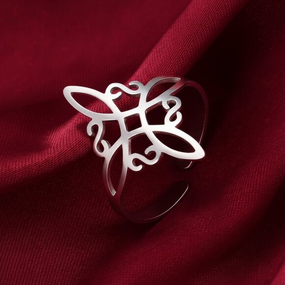 Silver Stainless Steel Witch Celtic Viking Cross Knot Adjustable Open Ring NWOT - Picture 3 of 8